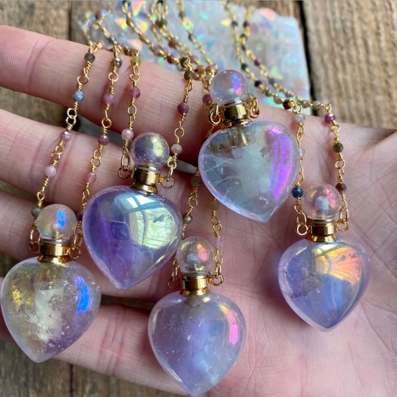 Aura Quartz Crystal bottle Necklace 18K Gold Plated Brass Rosary Chain New in bx - Picture 3 of 10